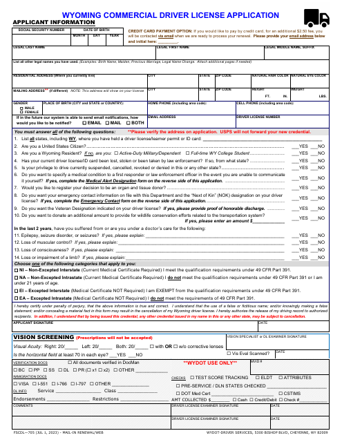 Form FSCDL-705 Wyoming Commercial Driver License Application - Wyoming
