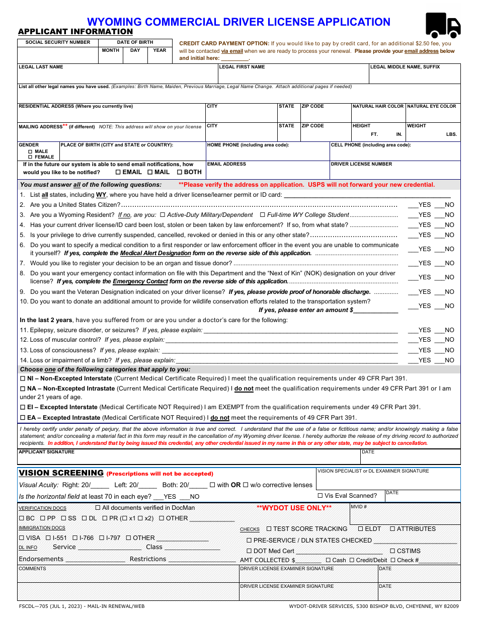 Form FSCDL-705 Wyoming Commercial Driver License Application - Wyoming, Page 1