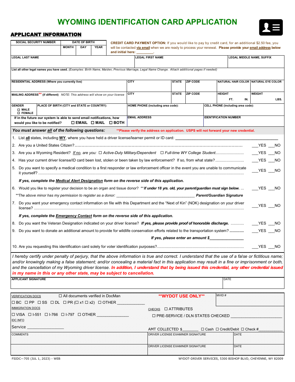 Form FSIDC-705 Wyoming Identification Card Application - Wyoming, Page 1