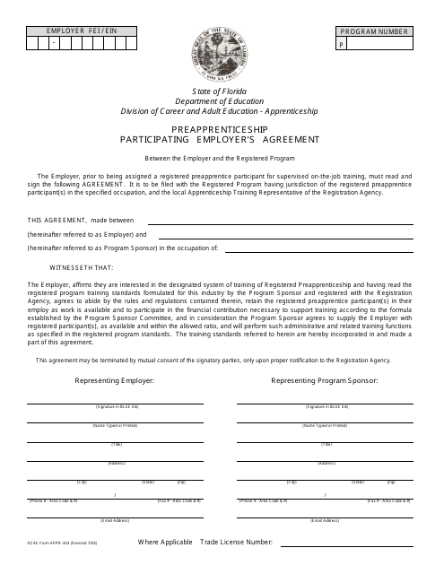 DCAE Form APPR-303 Preapprenticeship Participating Employer's Agreement - Florida