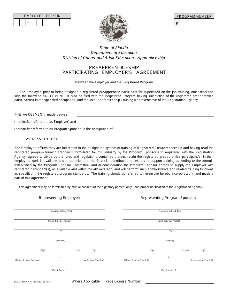 DCAE Form APPR-303 Preapprenticeship Participating Employers Agreement - Florida, Page 1