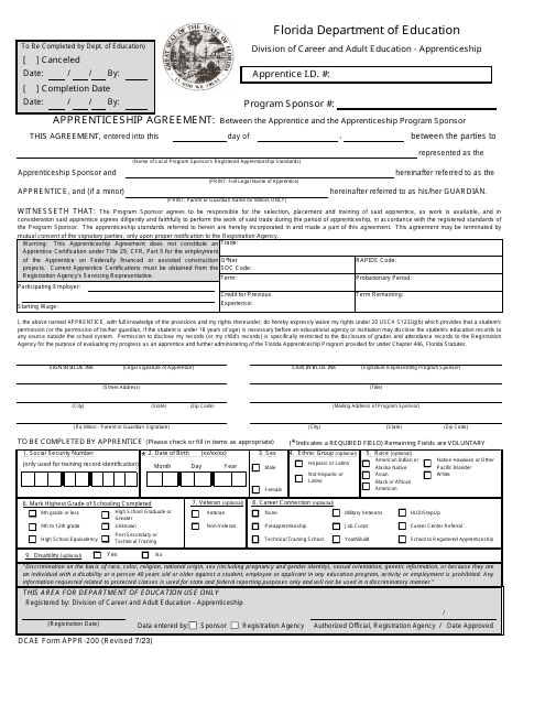DCAE Form APPR-200 Apprenticeship Agreement Form - Florida