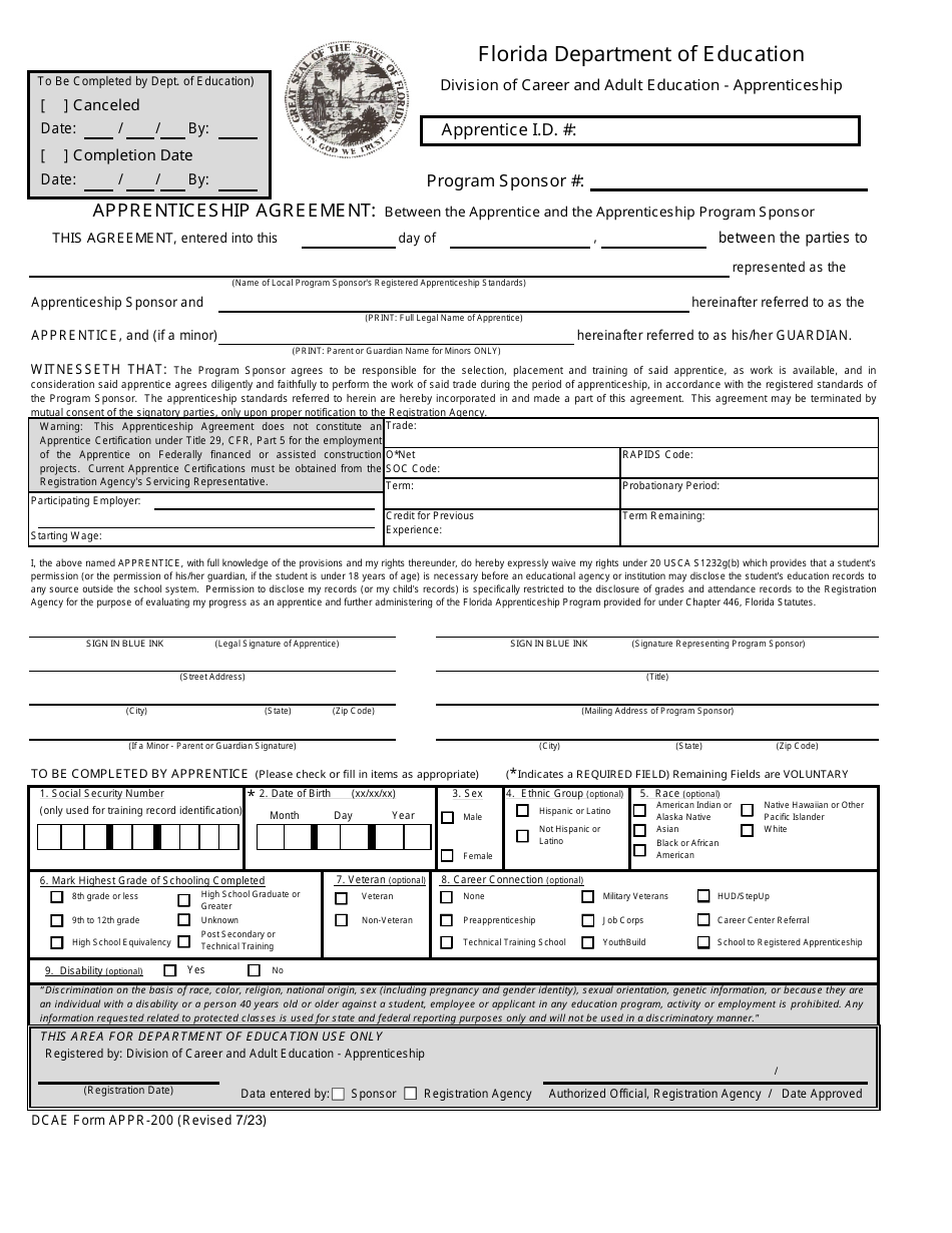 DCAE Form APPR-200 Apprenticeship Agreement Form - Florida, Page 1