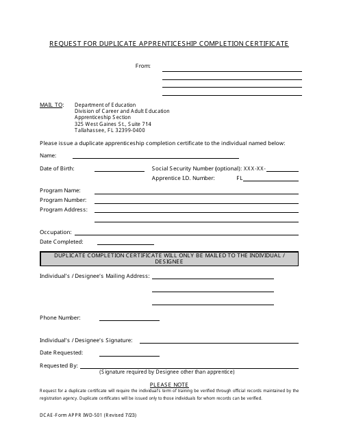 DCAE Form APPR IWD-501 Request for Duplicate Apprenticeship Completion Certificate - Florida
