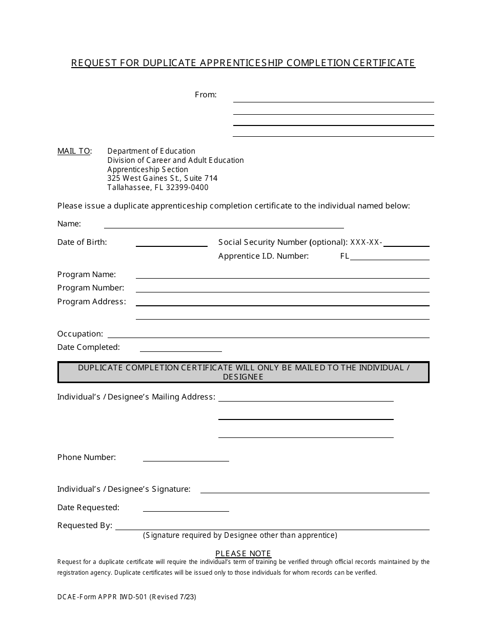 DCAE Form APPR IWD-501 Request for Duplicate Apprenticeship Completion Certificate - Florida, Page 1