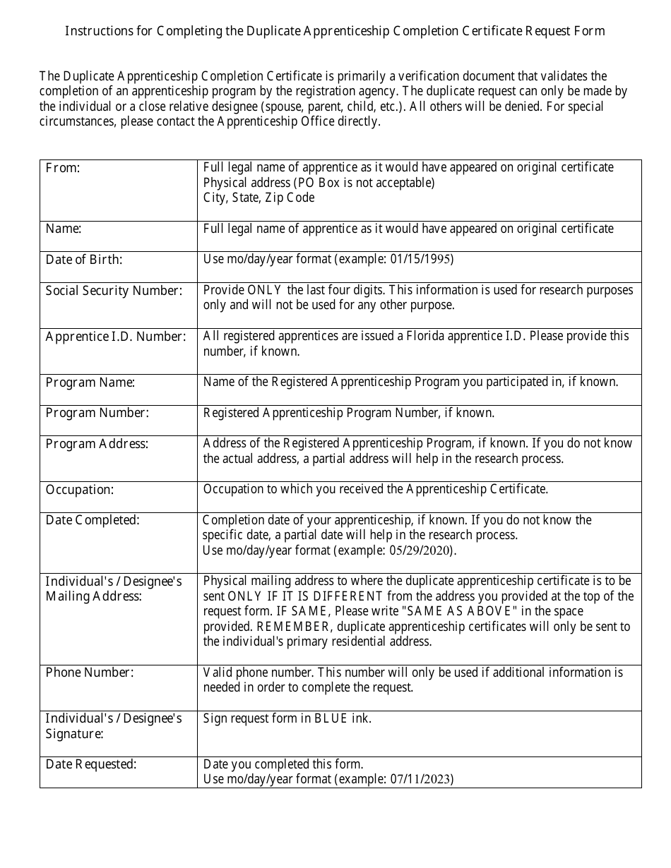 DCAE Form APPR IWD-501 Request for Duplicate Apprenticeship Completion Certificate - Florida, Page 2