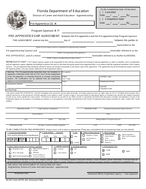 DCAE Form APPR-401 Pre-apprenticeship Agreement Form - Florida