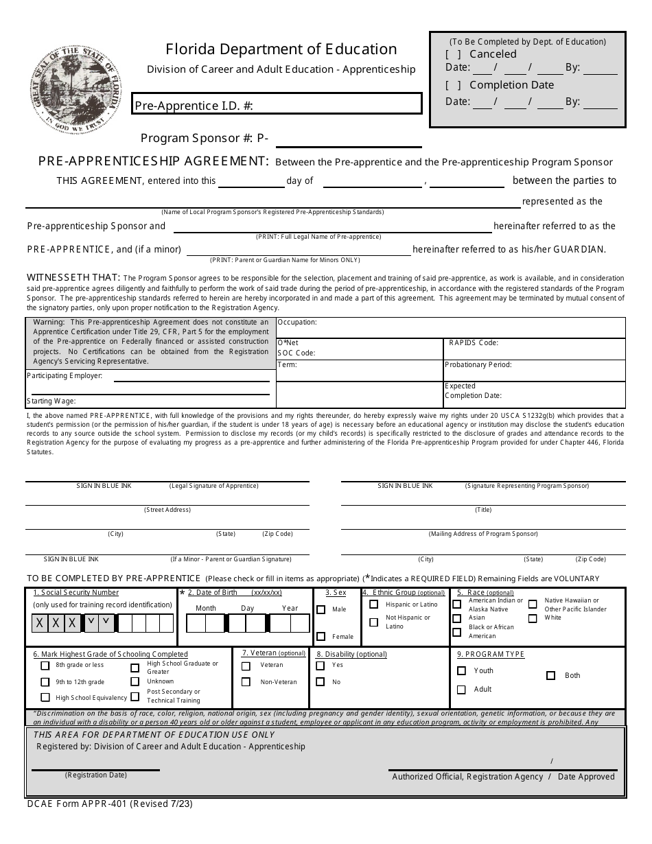 DCAE Form APPR-401 Pre-apprenticeship Agreement Form - Florida, Page 1