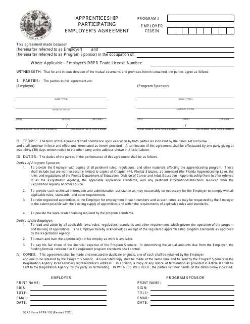 DCAE Form APPR-102 Apprenticeship Participating Employer's Agreement - Florida