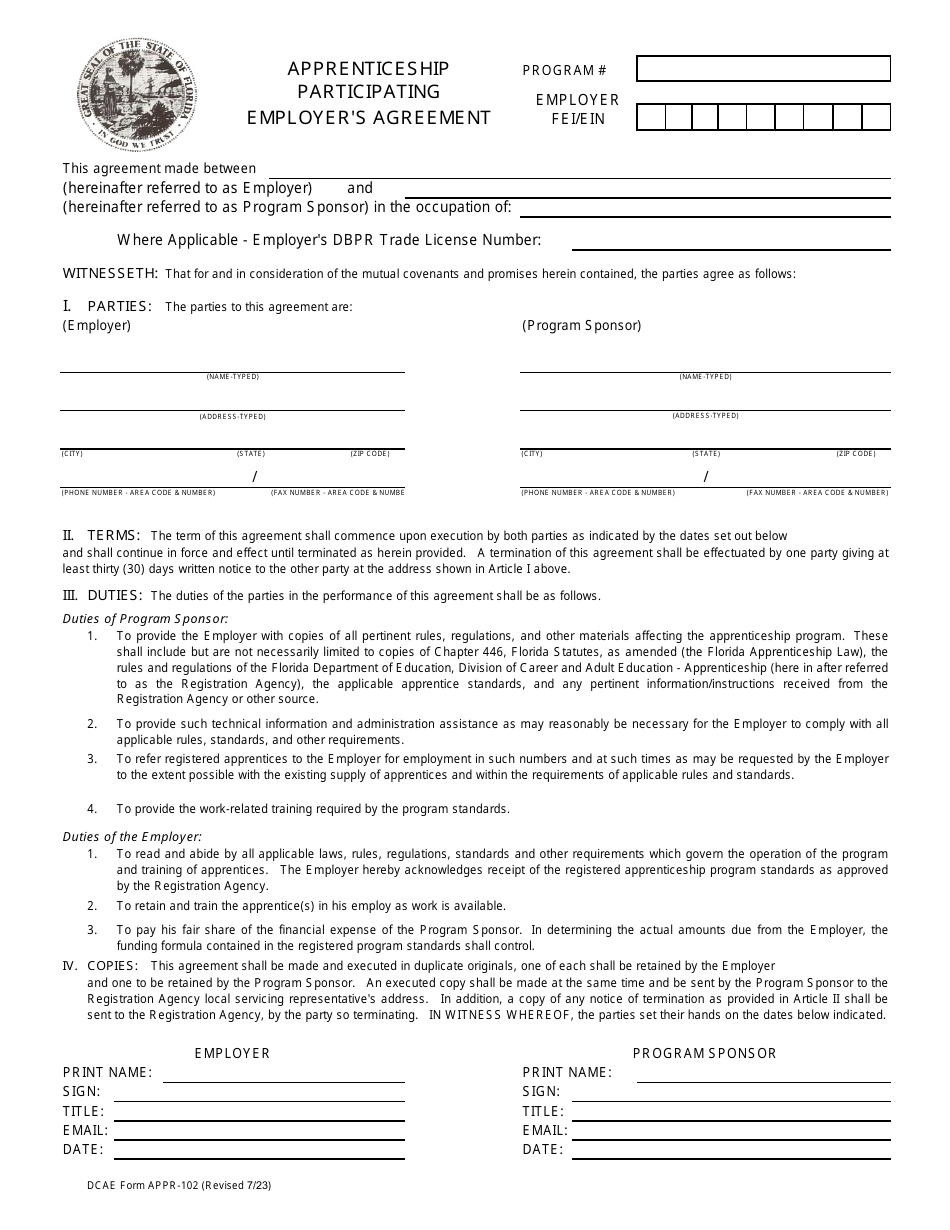 DCAE Form APPR-102 Apprenticeship Participating Employers Agreement - Florida, Page 1