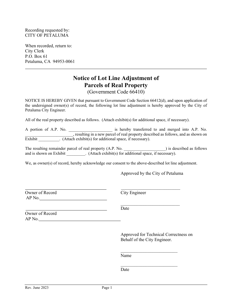 City Of Petaluma California Notice Of Lot Line Adjustment Of Parcels