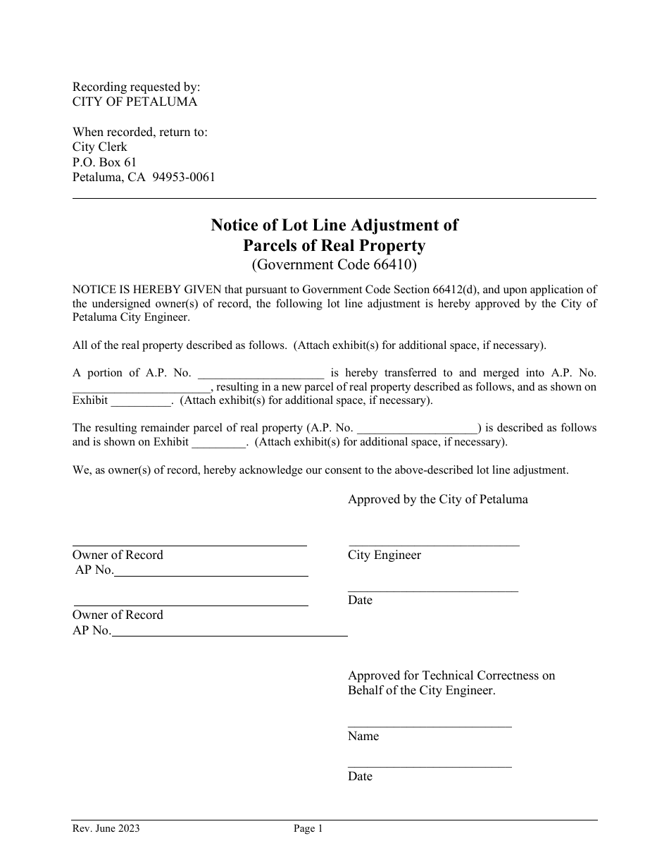 Notice of Lot Line Adjustment of Parcels of Real Property - City of Petaluma, California, Page 1