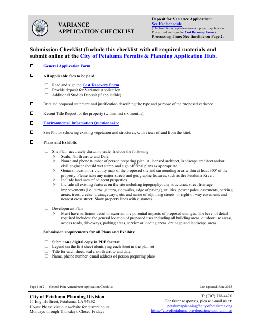Variance Application Checklist - City of Petaluma, California Download Pdf