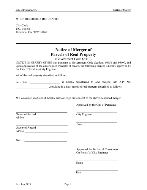 Notice of Merger of Parcels of Real Property - City of Petaluma, California