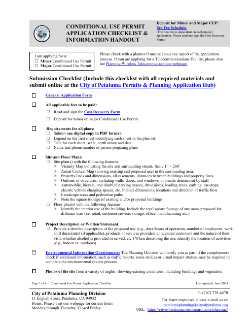 Conditional Use Permit Application Checklist & Information Handout - City of Petaluma, California Download Pdf