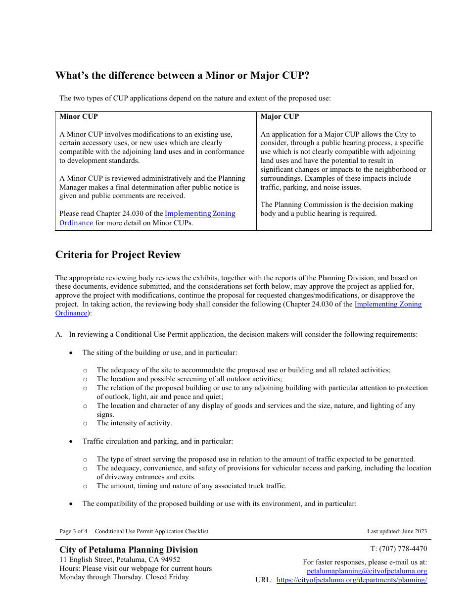 Conditional Use Permit Application Checklist  Information Handout - City of Petaluma, California, Page 3