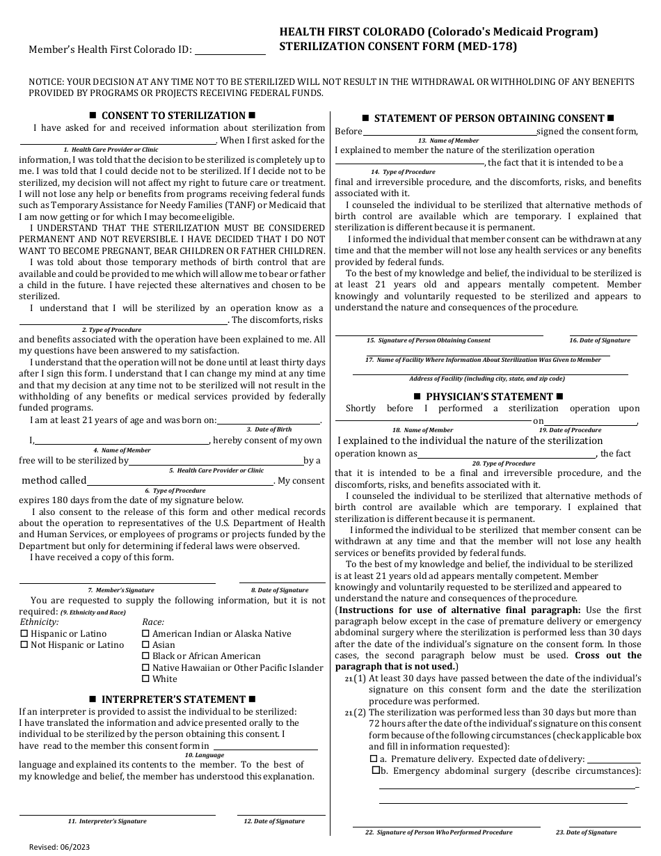 Form MED-178 Sterilization Consent Form - Colorado (English / Spanish), Page 1