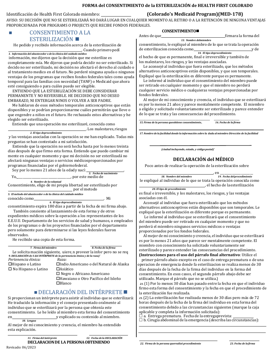 Form MED-178 Sterilization Consent Form - Colorado (English / Spanish), Page 2
