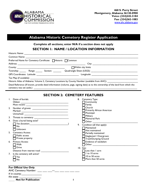 Alabama Historic Cemetery Register Application - Alabama Download Pdf