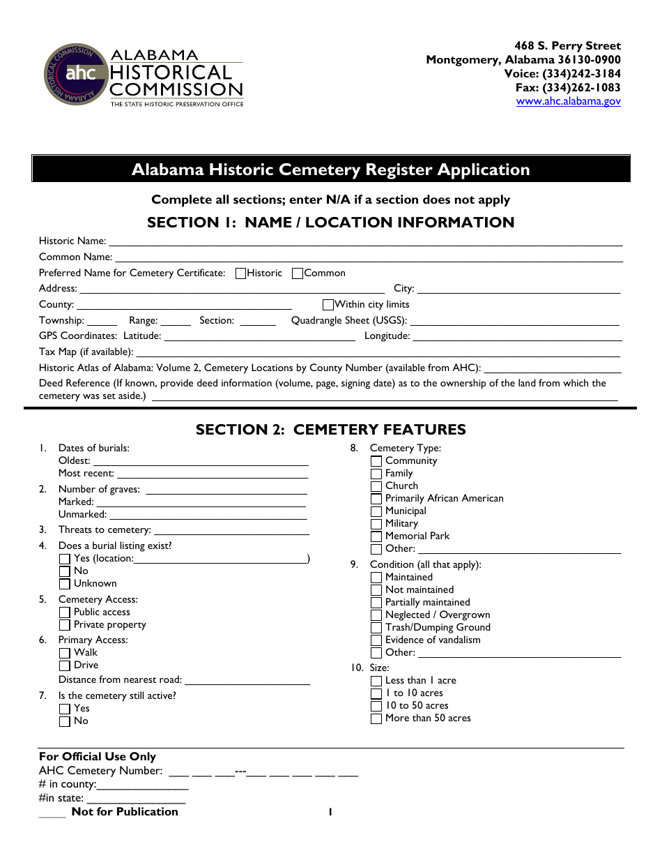 Alabama Historic Cemetery Register Application - Alabama, Page 1