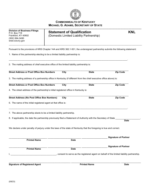 Form KNL Statement of Qualification (Domestic Limited Liability Partnership) - Kentucky
