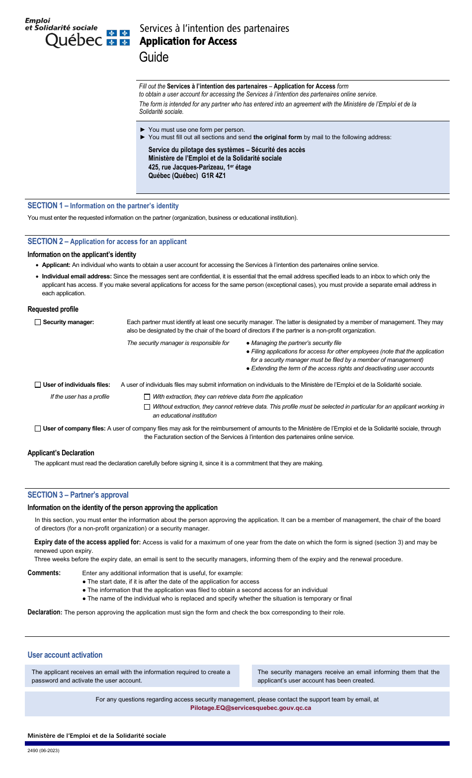 Form 2490 Application for Access - Quebec, Canada, Page 1
