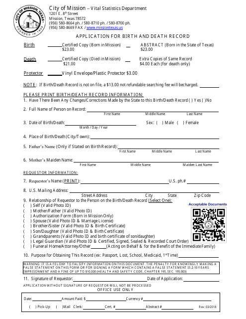 Application for Birth and Death Record - City of Mission, Texas Download Pdf