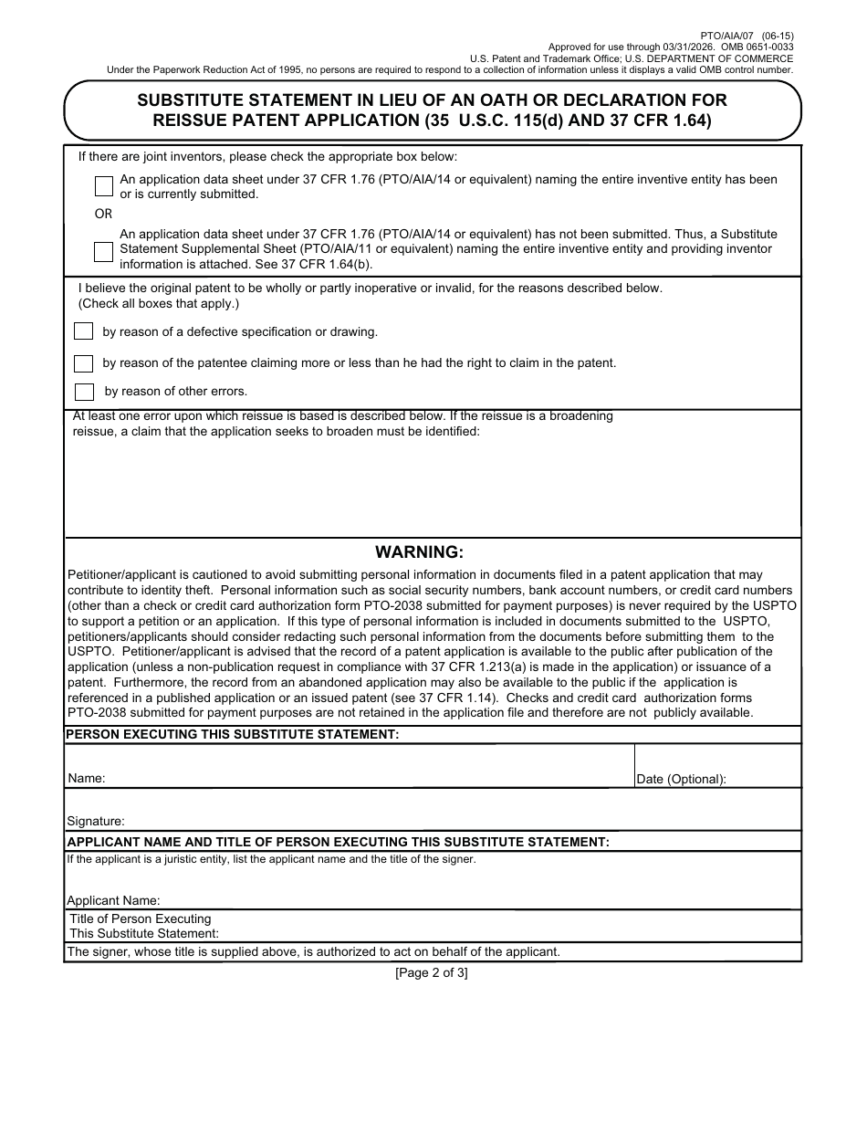 Form pto aia 07 download fillable pdf or fill online substitute
