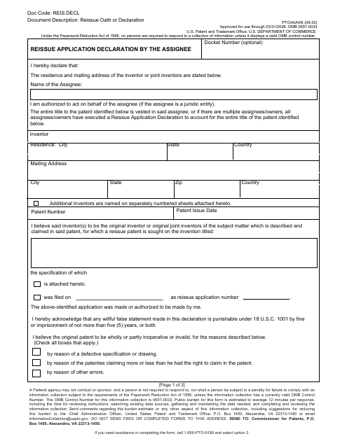 Form PTO/AIA/06 Reissue Application Declaration by the Assignee