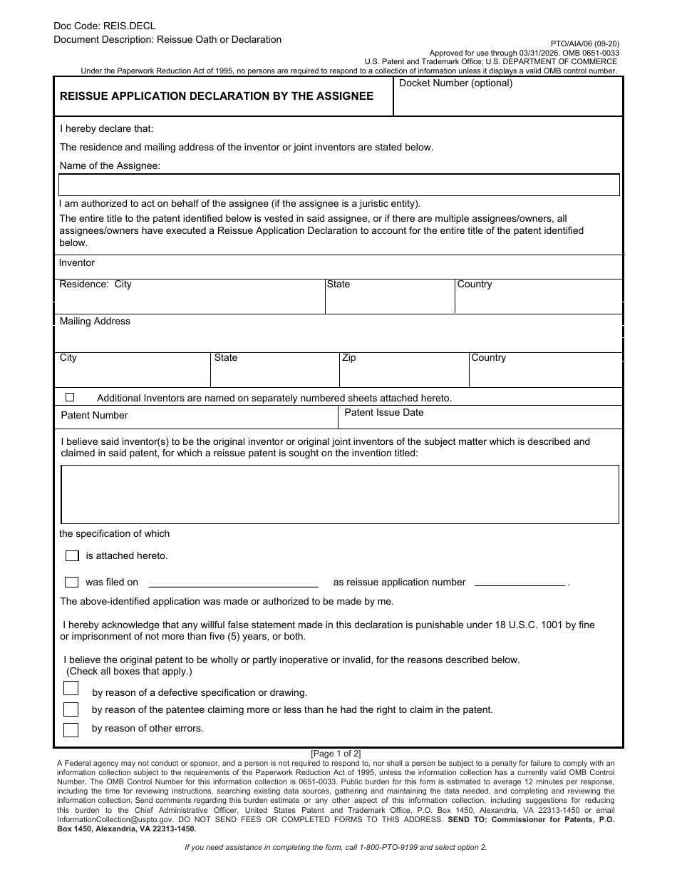 Form PTO / AIA / 06 Reissue Application Declaration by the Assignee, Page 1