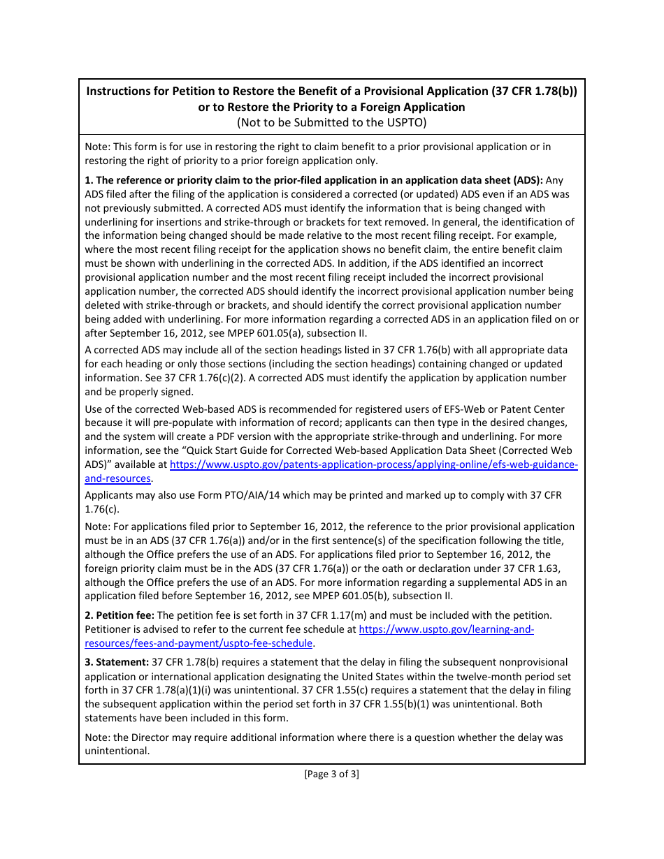 Form PTO / SB / 459 Petition to Restore the Benefit of a Provisional Application (37 Cfr 1.78(B)) or to Restore the Priority to a Foreign Application (37 Cfr 1.55(C)), Page 3