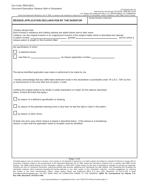 Form PTO/AIA/05 Reissue Application Declaration by the Inventor