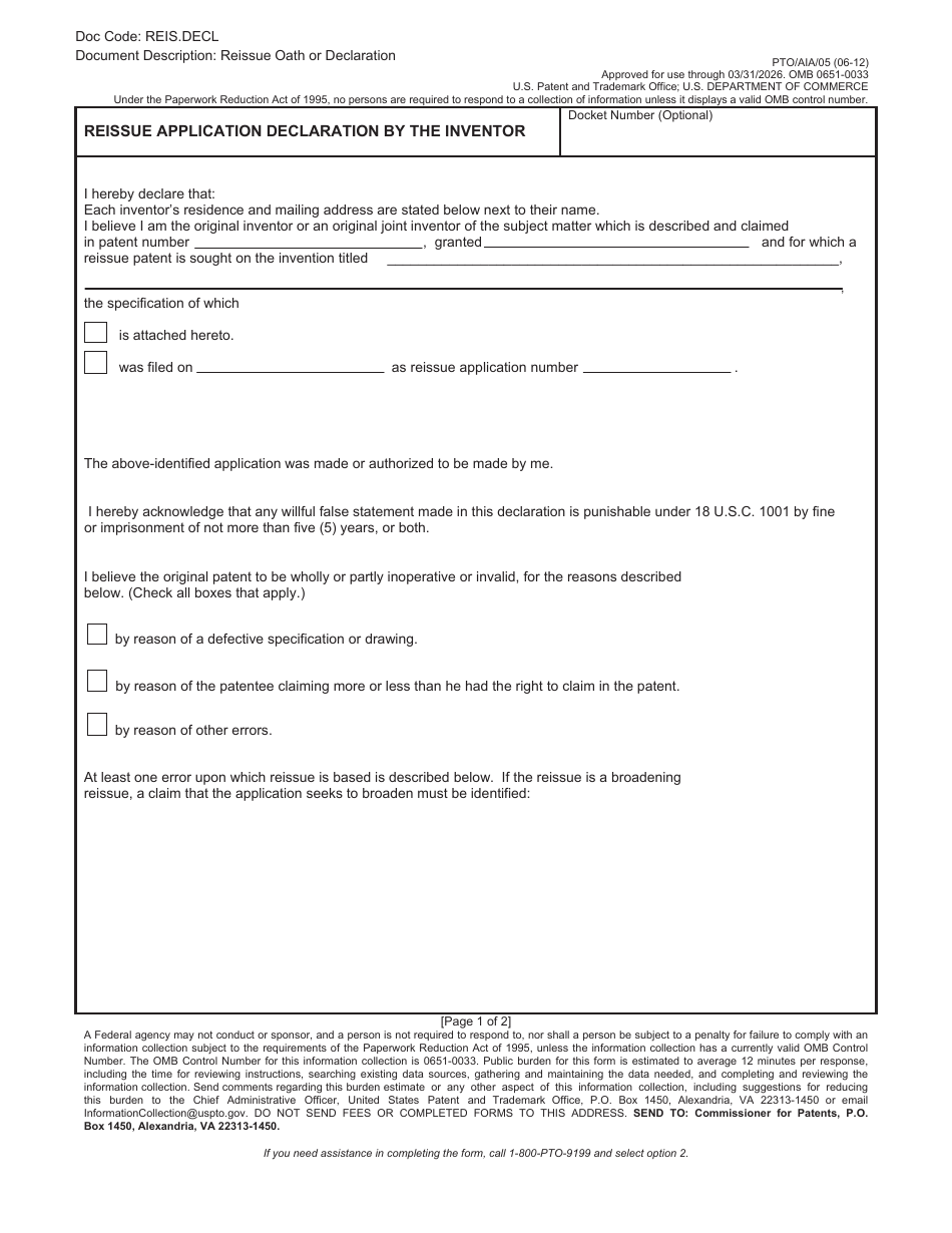 Form PTO / AIA / 05 Reissue Application Declaration by the Inventor, Page 1