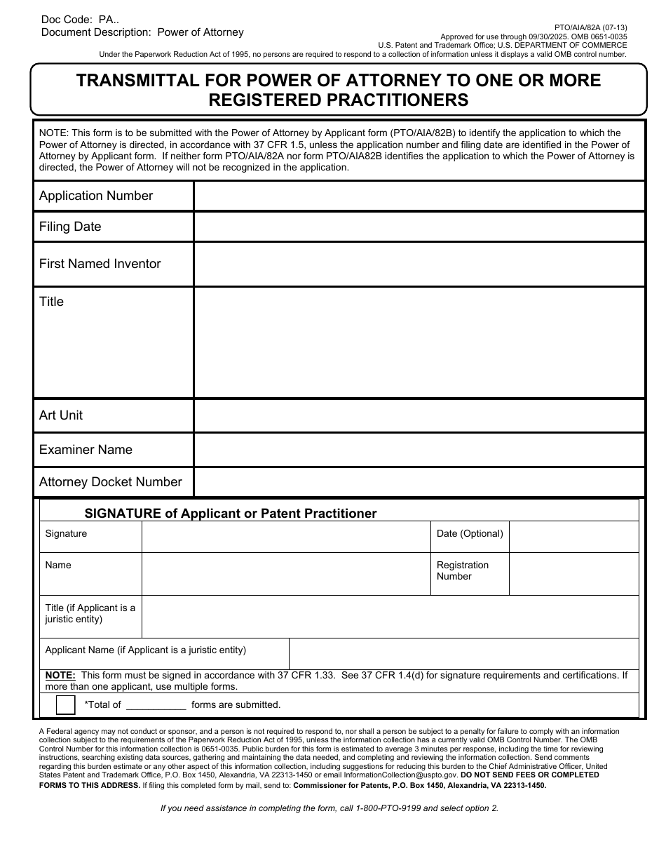 Form PTO / AIA / 82 Transmittal for Power of Attorney to One or More Registered Practitioners / Power of Attorney by Applicant, Page 1
