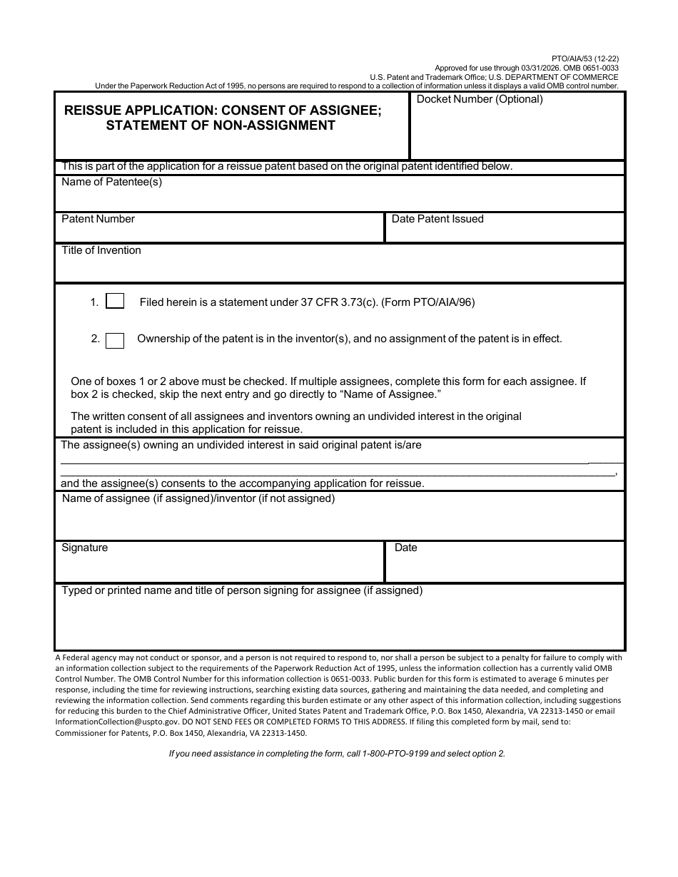 Form PTO / AIA / 53 Reissue Application: Consent of Assignee; Statement of Non-assignment, Page 1