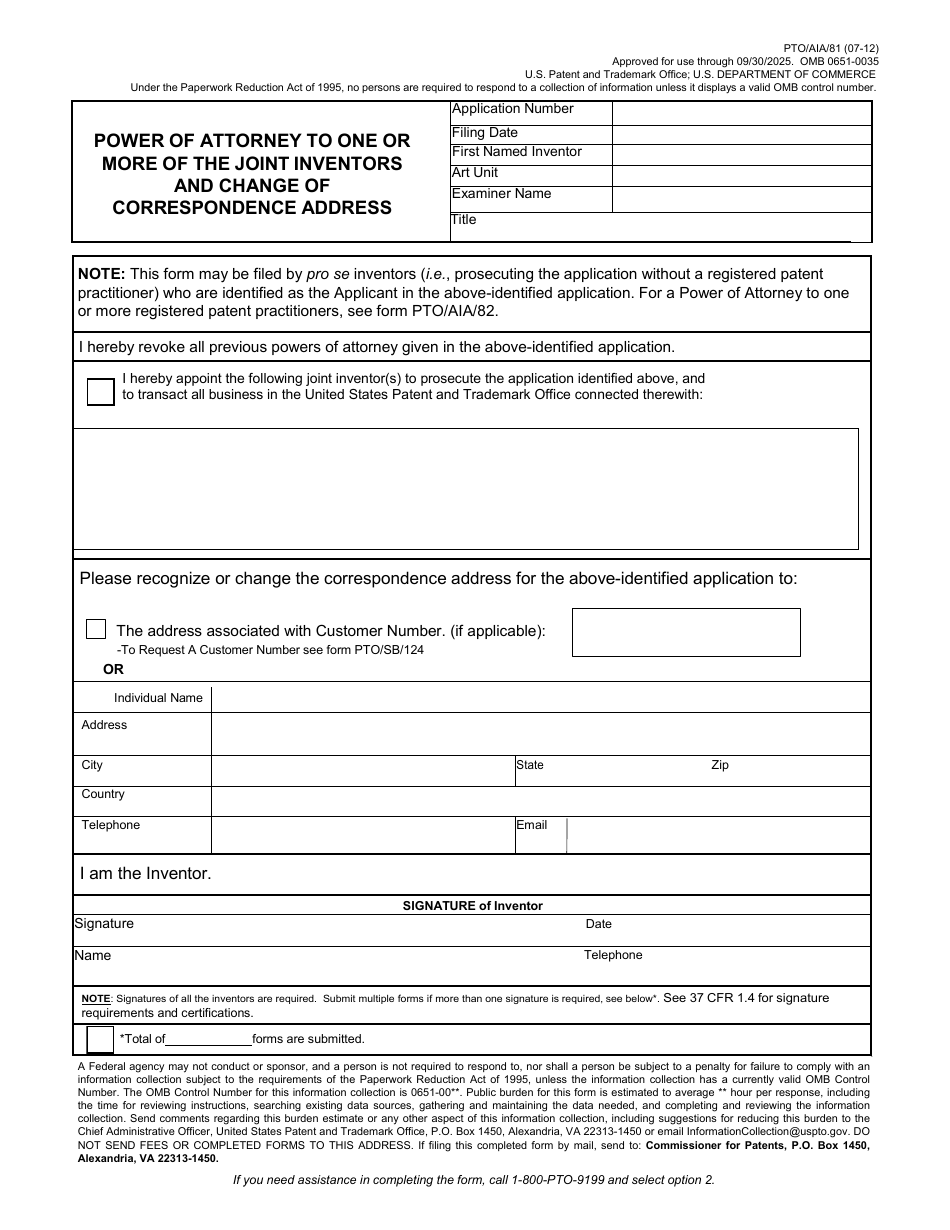 Form PTO / AIA / 81 Power of Attorney to One or More of the Joint Inventors and Change of Correspondence Address, Page 1