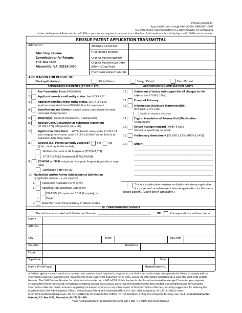Form PTO/AIA/50 Reissue Patent Application Transmittal