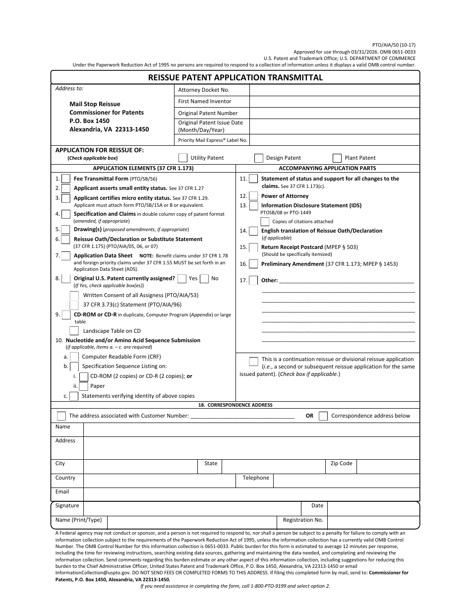 Form PTO / AIA / 50 Reissue Patent Application Transmittal, Page 1