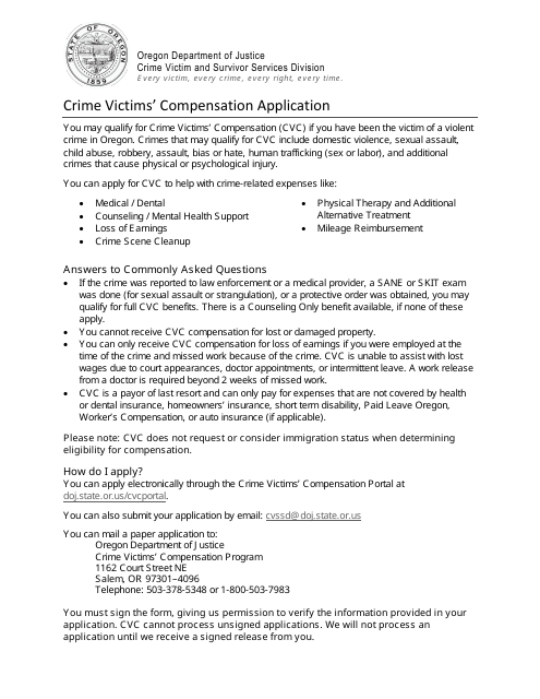 Crime Victims' Compensation Application - Oregon Download Pdf