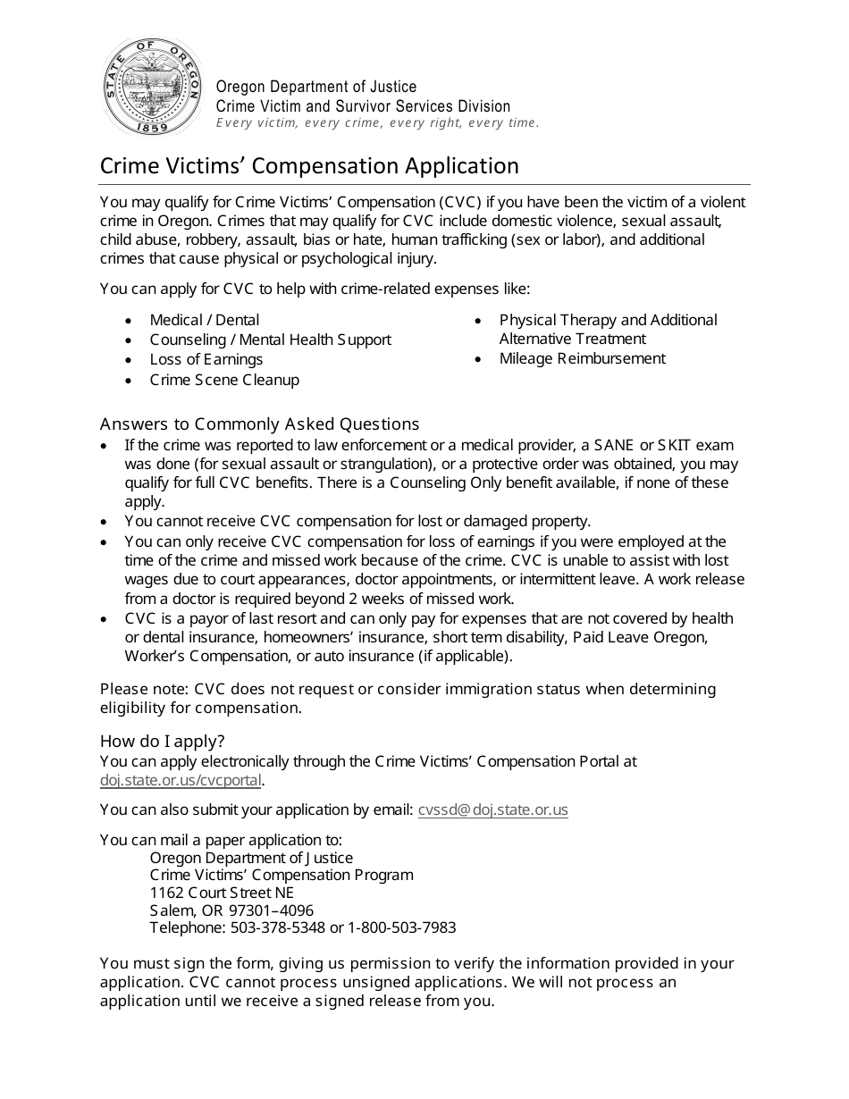 Crime Victims Compensation Application - Oregon, Page 1