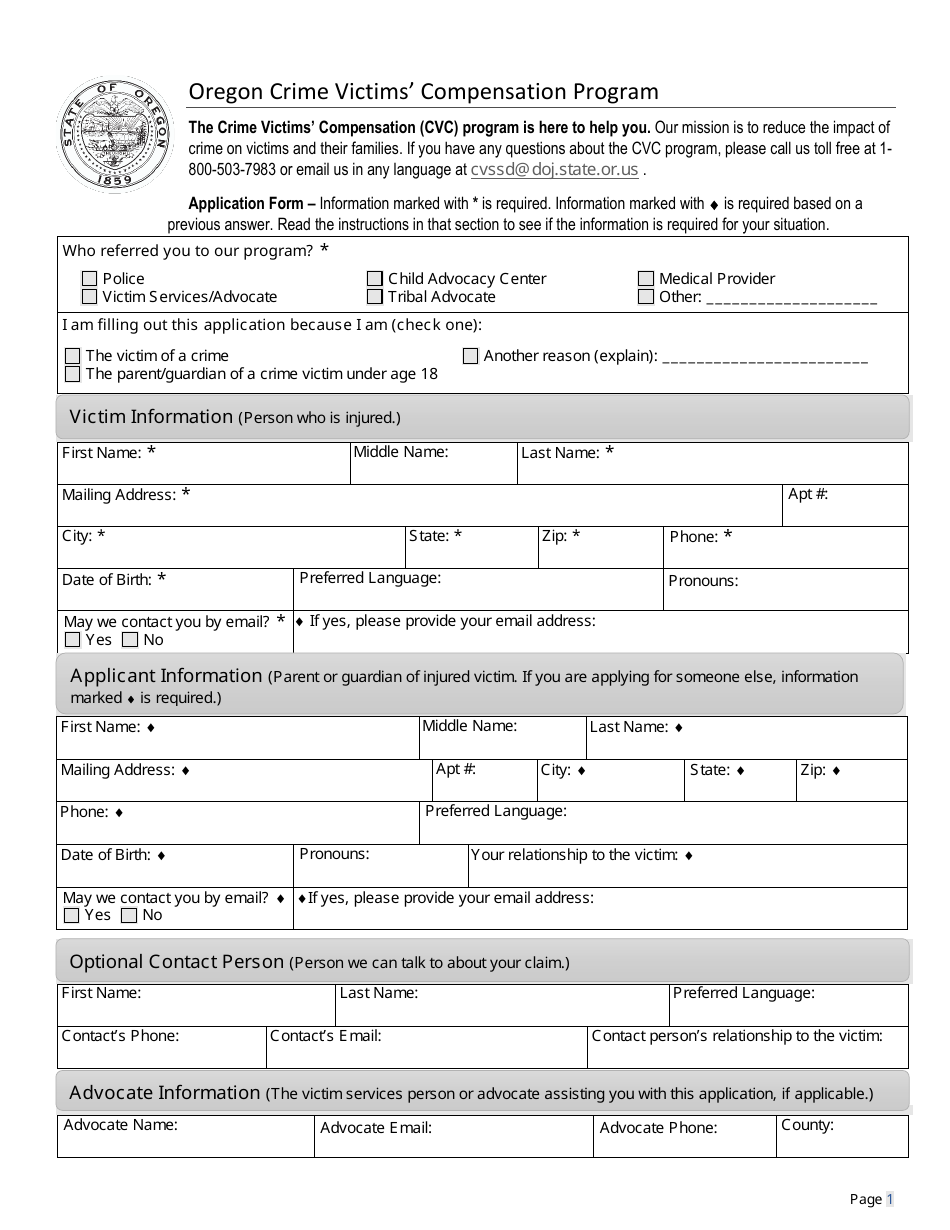 Crime Victims Compensation Application - Oregon, Page 3