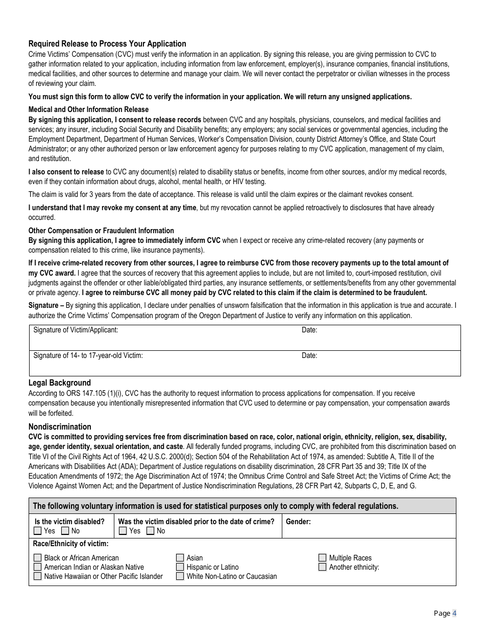 Crime Victims Compensation Application - Oregon, Page 6