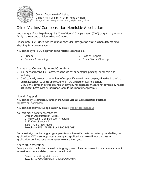 Crime Victims' Compensation Homicide Application - Oregon Download Pdf