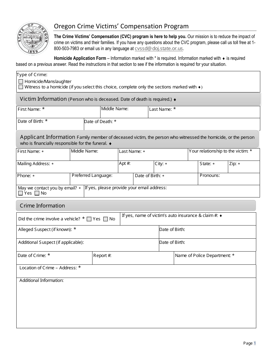 Crime Victims Compensation Homicide Application - Oregon, Page 3