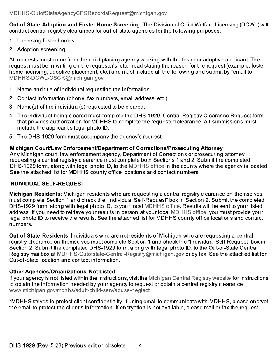 Form DHS-1929 Central Registry Clearance Request - Michigan, Page 4