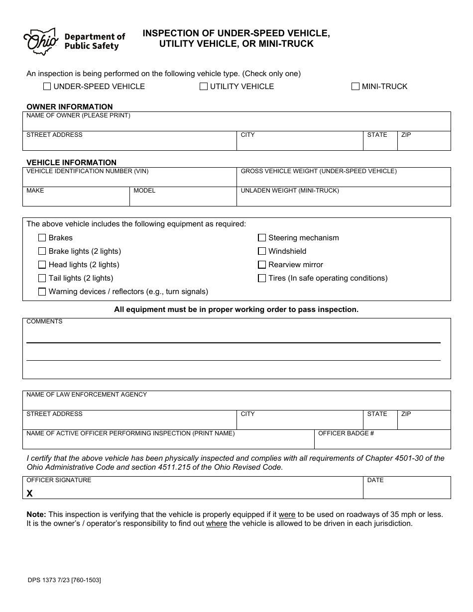 Form DPS1373 Inspection of Under-Speed Vehicle / Utility Vehicle, or Mini-Truck - Ohio, Page 1