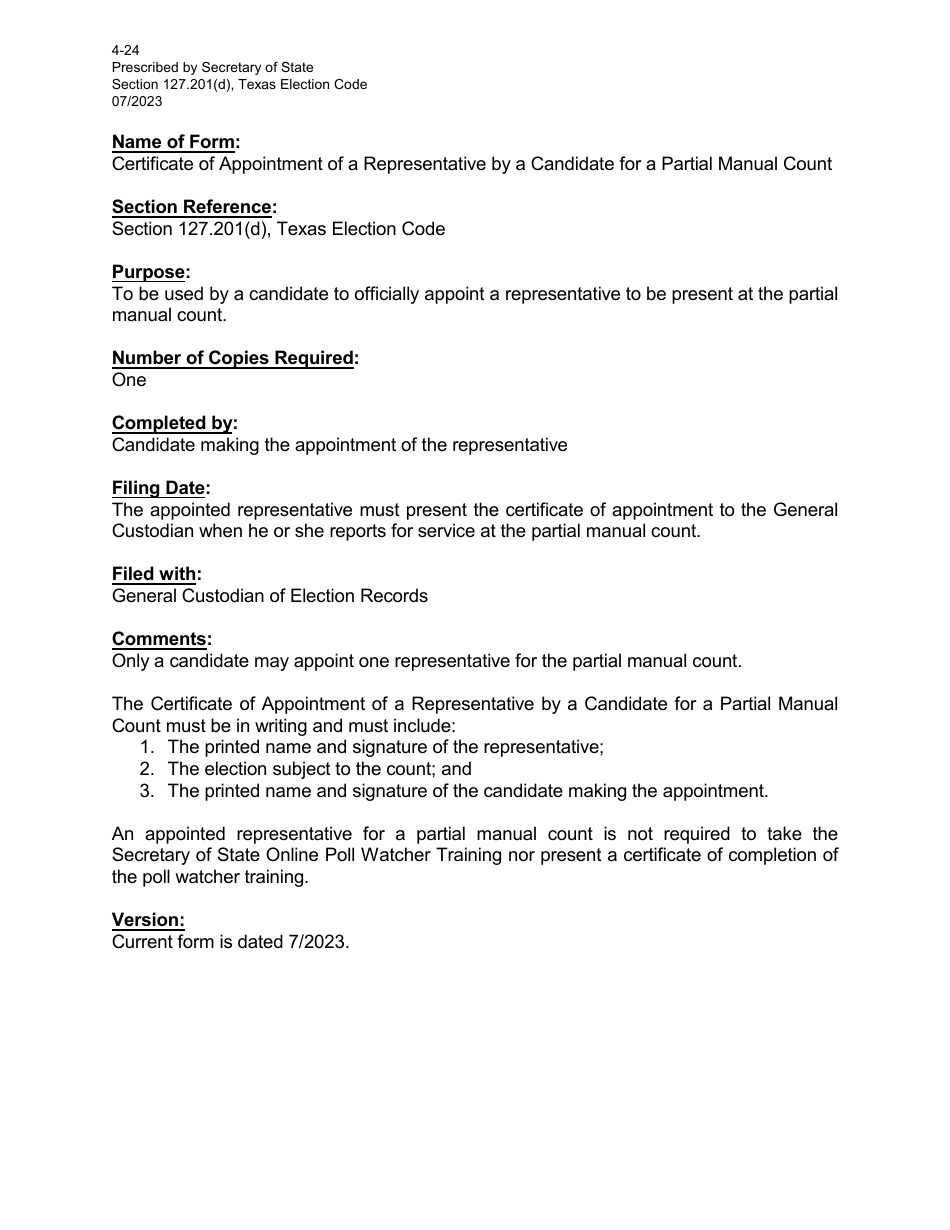 Page 4-24 Certificate of Appointment of a Representative by a Candidate for a Partial Manual Count - Texas, Page 1