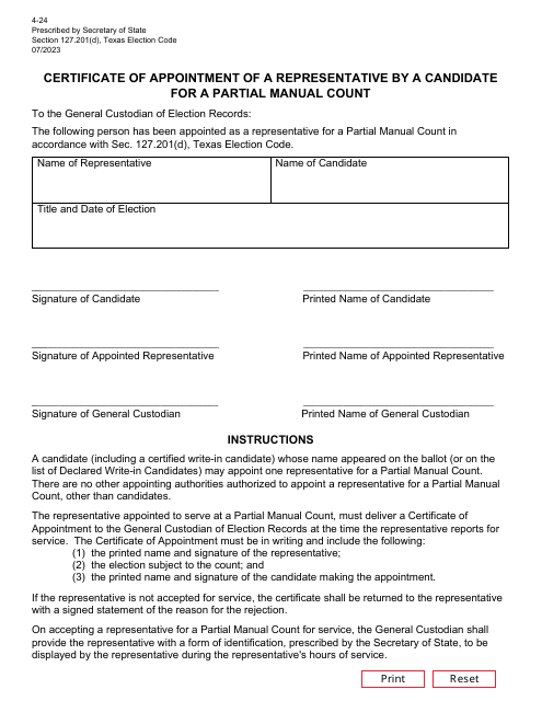 Page 4-24 Certificate of Appointment of a Representative by a Candidate for a Partial Manual Count - Texas