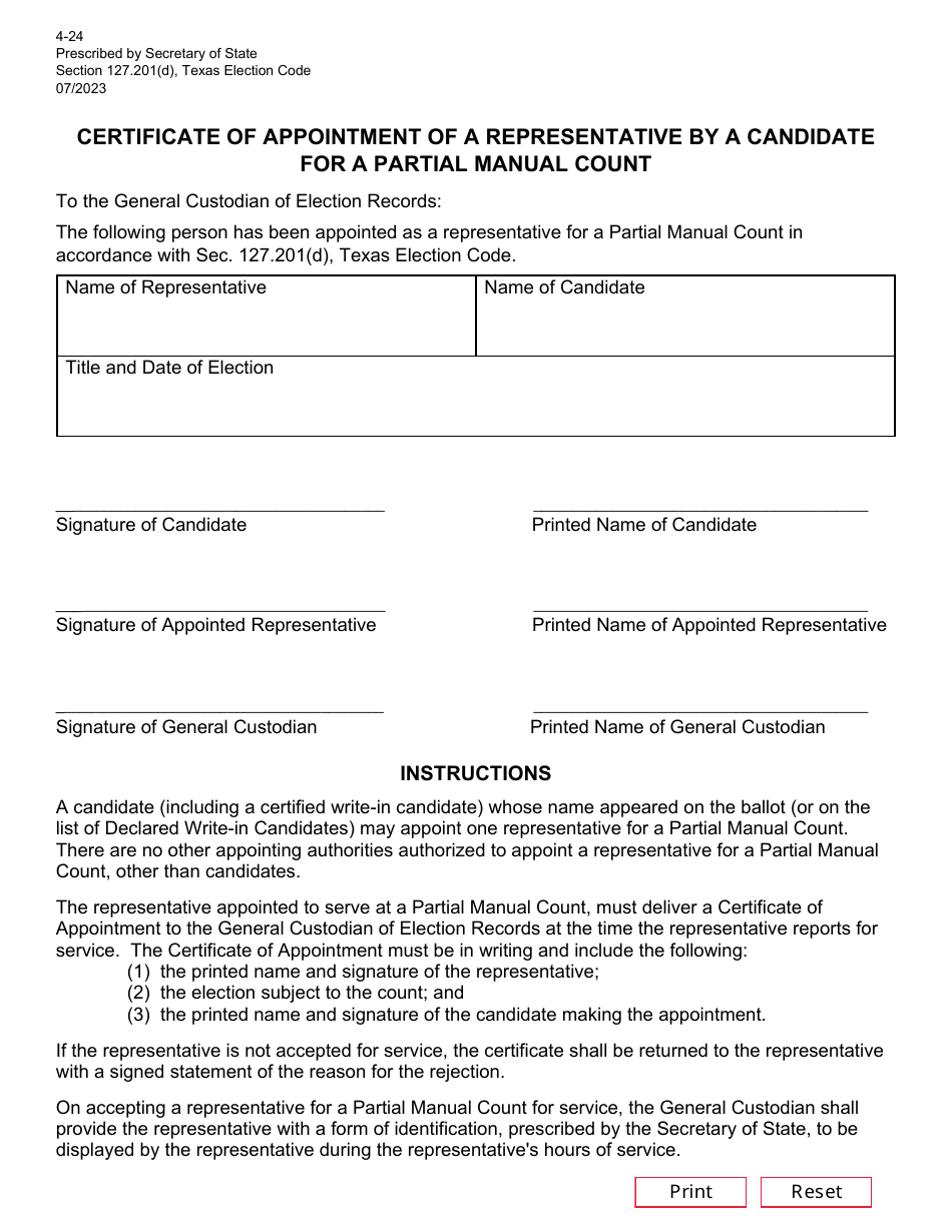 Page 4-24 Certificate of Appointment of a Representative by a Candidate for a Partial Manual Count - Texas, Page 1