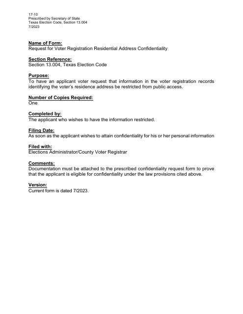 Page 17-10 Request for Voter Registration Residential Address Confidentiality - Texas